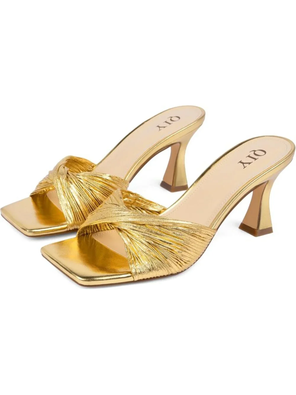 Women's Gold Summer Stylish Open Square Toe Casual Slip-On Kitten Heeled Sandals